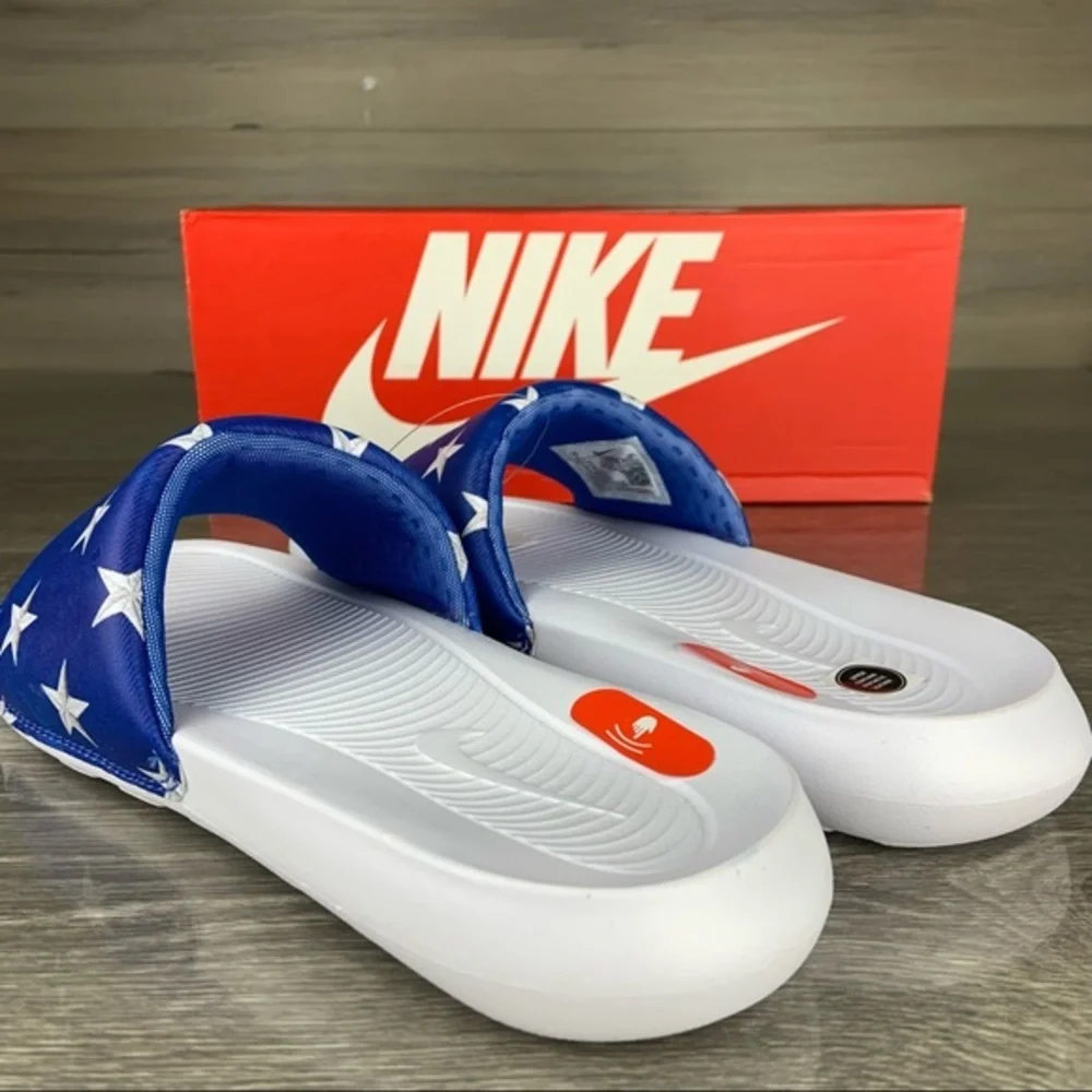Red White Blue Patriotic USA Nike Star Print Slides,Mens 7, Womens 8.5